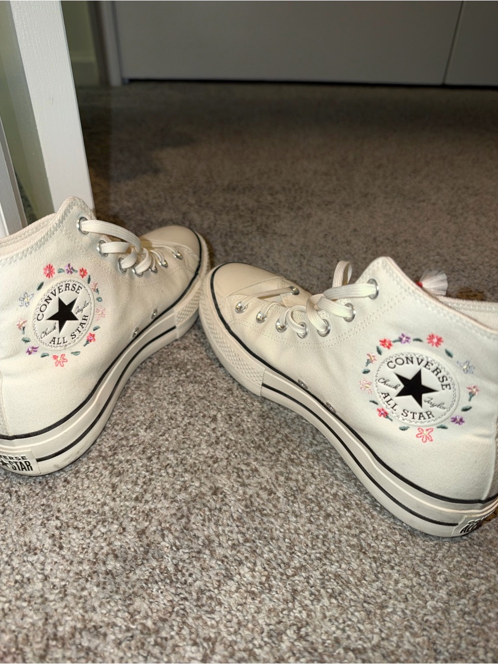 Converse High Top Sneakers in Cream with Pink & Green Floral Embroidery